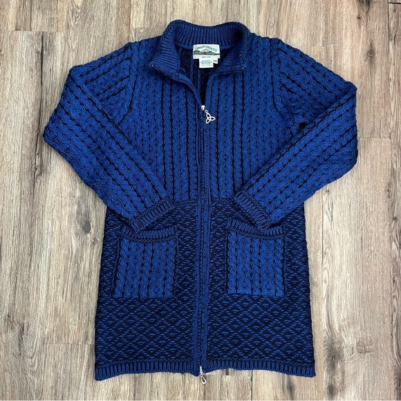 Aran Crafts Sweaters - Aran Crafts Merino Wool Cable Knit Long Zip Up Sweater Women’s XXS Navy & Black